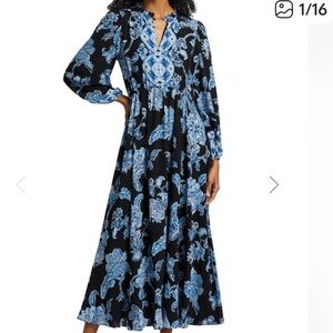 New Elie Tahari Black and Blue Floral Long Sleeve Dress size 10